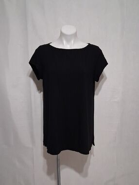 Eileen Fisher Black Fine Jersey Crepe Tunic L Side Slit Minimalist Travel Top